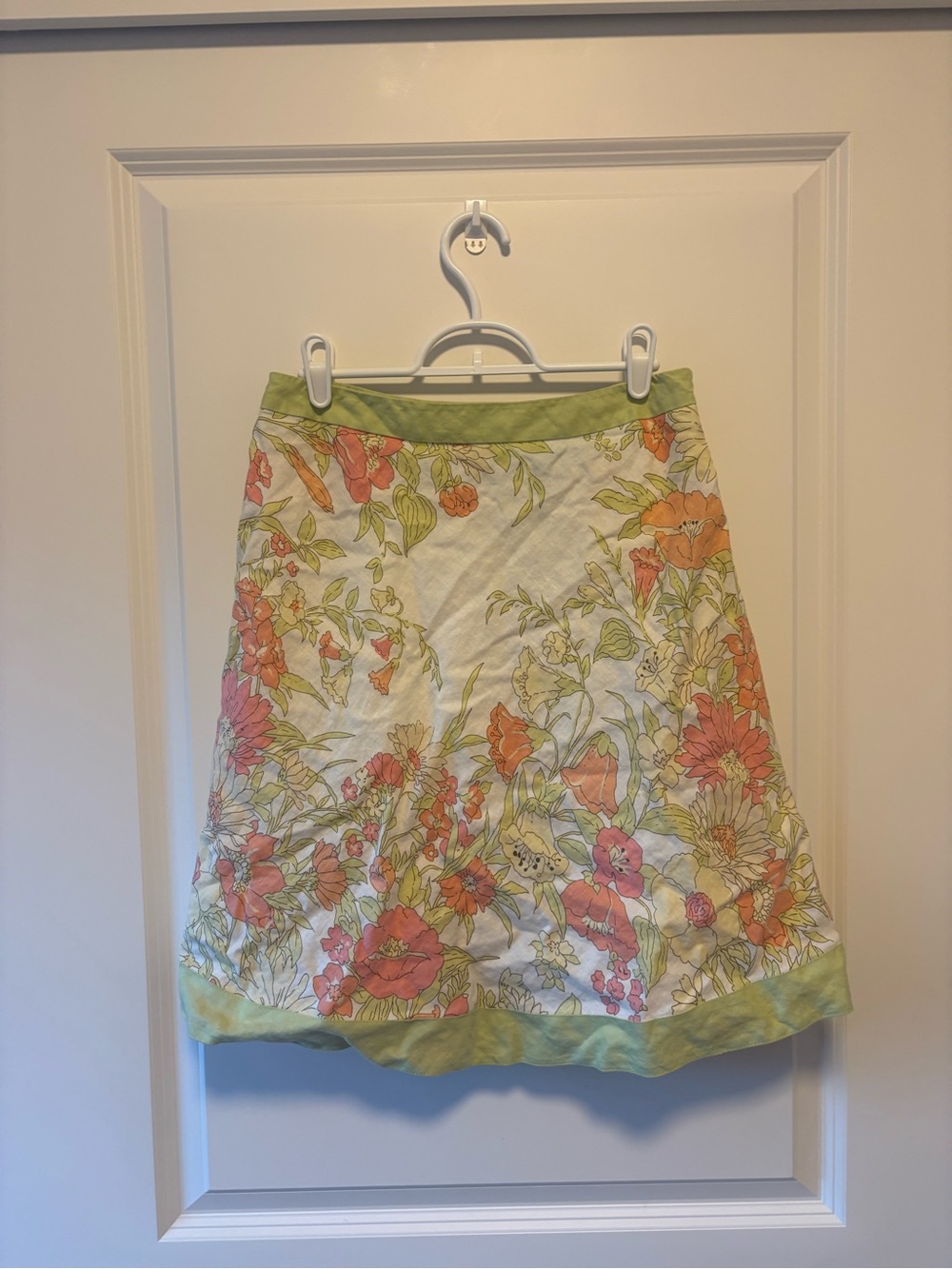 LOFT Floral Midi Skirt in White, Coral, and Light Green